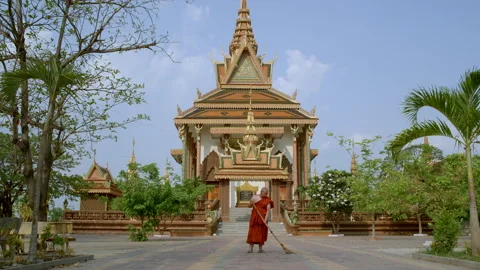 The monk cleaning the yard in the temple,Cambodia, Stock Footage 134371804