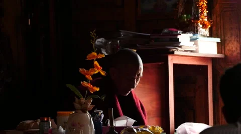 Monk with congregation in Buddhistic monastery in Myanmar closeup Stock Footage 61206273