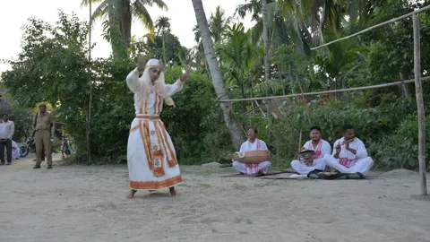 Monk dancing in classical music of Assam, India.  Xatra Dance, Majuli Video stock 207477771