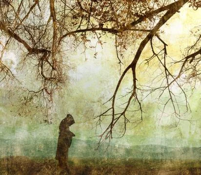 Monk figure praying in the forest Stock Photos