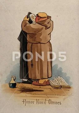 A monk kissing a nun on the mouth; an open book (Bible?), a birch rod ...