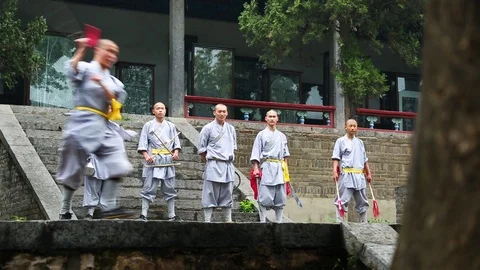 Monk performing with stick while other students stand back Stock Footage 88677532