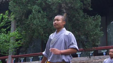 Monk performing with stick while other students stand back Stock-Footage 89761967