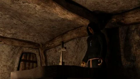 Monk - priest - in front of the cross in the crypt Ilustración de archivo