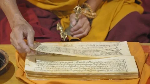 Monk Reading Buddhist Sacred Scriptures On Tripitaka At Thiksey Monastery Stock Footage 202079138