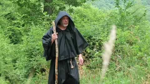 Monk with Staff During Forest Pilgrimage Stock Footage 336695422