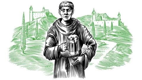 A monk stands with a cup of beer against the backdrop of a Benedictine Stock Illustration