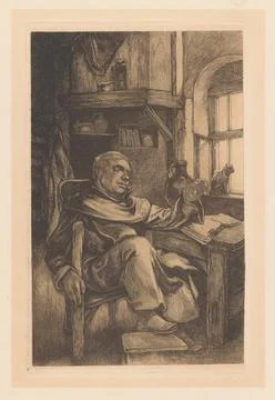 Monk in Study Cell. One monk dressed in a pip is at its work table. His ri... Stock Photos