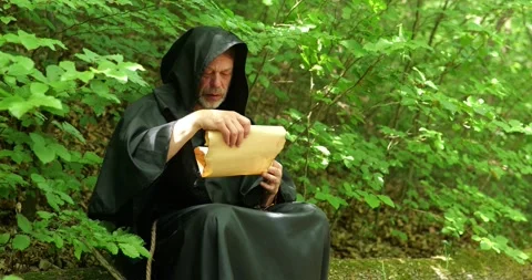 Monk Studying an Ancient Scroll in the Forest 스톡 동영상 336696322