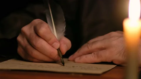 Monk takes a manuscript out of the document box, signs it, wet paperweight Stock Footage 196958578