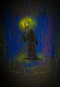 Monk with a torch in the dark Illustrazione stock