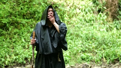 Monk Walking Along a Forest Stream with a Staff Stock Footage 336783727