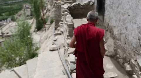Monk Walking to His Buddhist Monastery Room Video stock 47598922