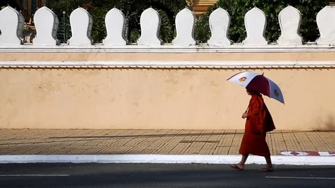 Monk Walking with Umbrella Video stock 87925684