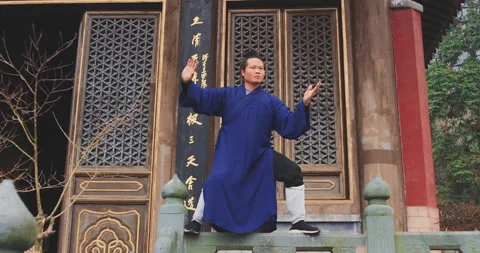 Monk of Wudang mountain Monastery in China demonstrates Tai Chi martial arts. Sl Видео 201095112