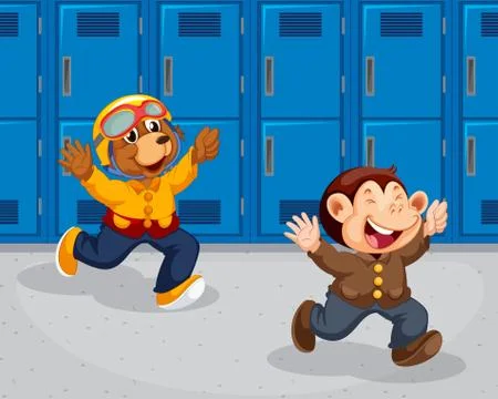 Monkey and bear running at school Stock Illustration