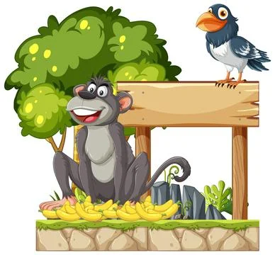 Monkey and Bird Sharing a Fruit Feast Stock Illustration