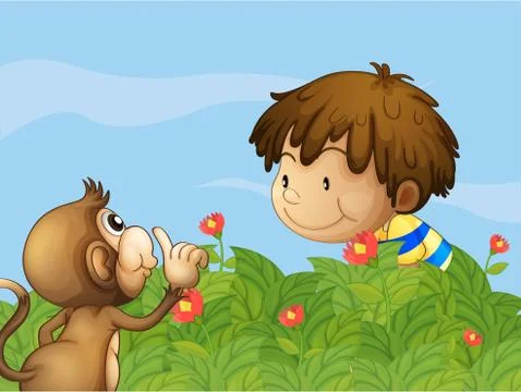 A monkey and a boy talking at the garden Stock Illustration