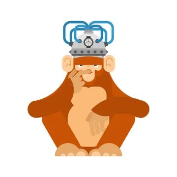 Monkey and brain stimulation helmet. Apparatus Electronic action on brain act Stock Illustration