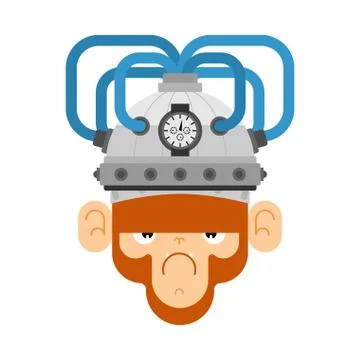 Monkey and brain stimulation helmet. Apparatus Electronic action on brain act Stock Illustration