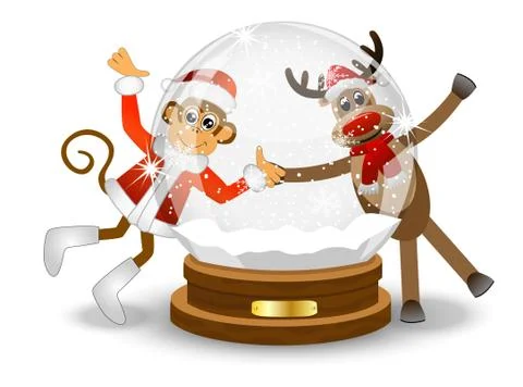 Monkey and deer looking through the glass festive ball Stock Illustration