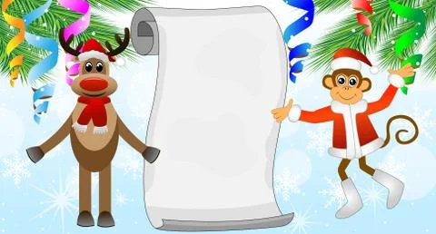 Monkey and deer show a piece of paper Stock Illustration