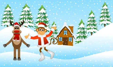 Monkey and a deer in winter forest Stock Illustration