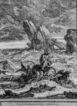 The monkey and the dolphin, fables de la Fontaine, publisher Tallan, Dier 190 Stock Illustration