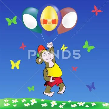 Monkey and easter eggs balloons Stock Illustration