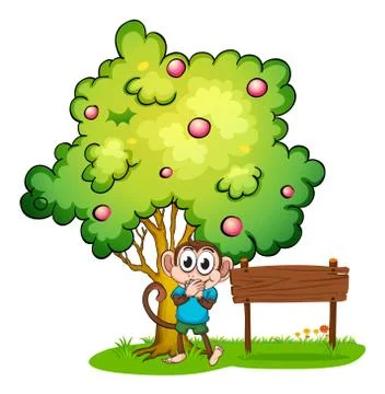 A monkey and an empty signboard under the tree Stock Illustration