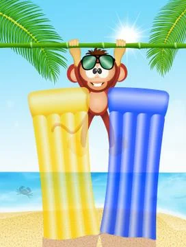 Monkey and inflatables mattress on the beach Stock Illustration