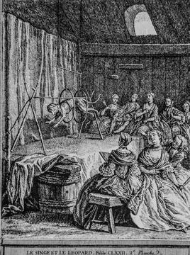 The monkey and the leopard, fables de la Fontaine, publisher Talan, Dier 1904 Stock Illustration