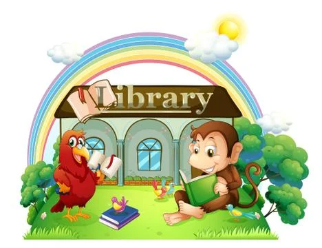 A monkey and a parrot reading in front of the library Stock Illustration