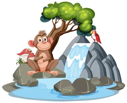 Monkey and Parrot by the Waterfall Stock Illustration