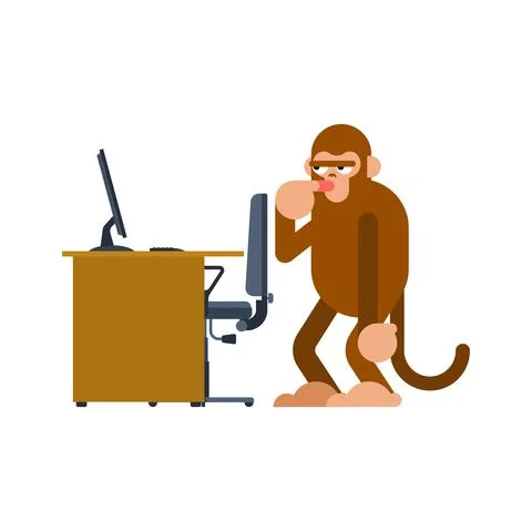 Monkey and PC. Ape man and computer. Monkey think Stock Illustration