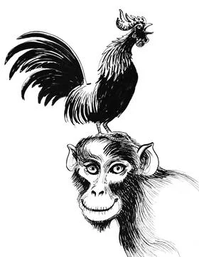 Monkey and rooster Stock-Illustration