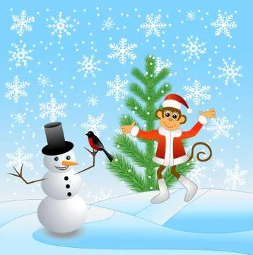 Monkey and snowman in the forest Stock Illustration