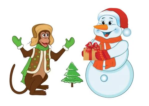 Monkey and snowman Stock Illustration