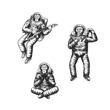 Monkey astronaut monkey takes a selfie, meditates with a guitar. Chimpanzee Stock Illustration