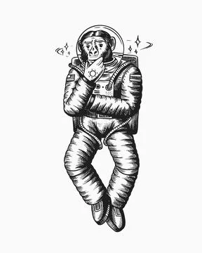 Monkey astronaut. Pensive thoughtful pose. Chimpanzee spaceman cosmonaut Stock Illustration