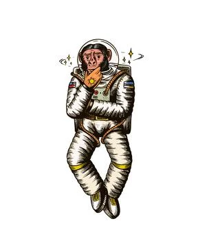 Monkey astronaut. Pensive thoughtful pose. Chimpanzee spaceman cosmonaut Stock Illustration