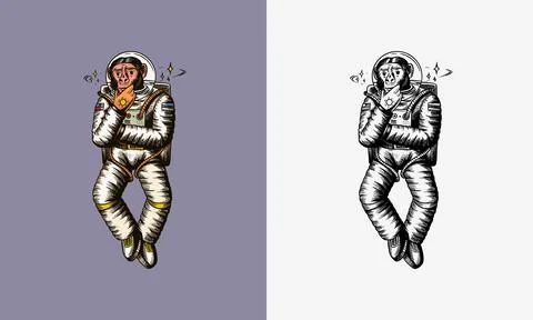 Monkey astronaut. Pensive thoughtful pose. Chimpanzee spaceman cosmonaut Stock Illustration