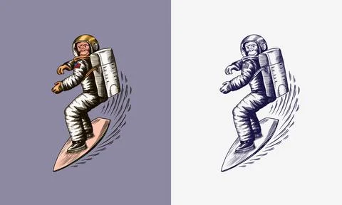 Monkey astronaut rides a surf board.. Chimpanzee spaceman surfrider. Cosmonaut Stock Illustration