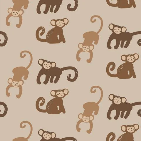 Monkey baby seamless pattern, kid apes brown background for clothes design print Illustrazione stock