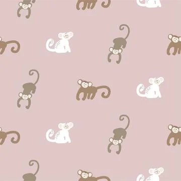 Monkey baby seamless pattern, kid apes pink background for clothes design print Illustrazione stock