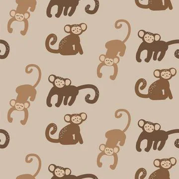 Monkey baby seamless pattern, kid apes brown background for clothes design print Illustrazione stock