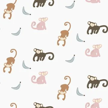 Monkey banana baby seamless pattern, kid apes pink background for clothes design Stock Illustration