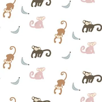 Monkey banana baby seamless pattern, kid apes pink background for clothes design Stock Illustration