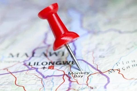Monkey Bay, Malawi pin on map Stock Photos
