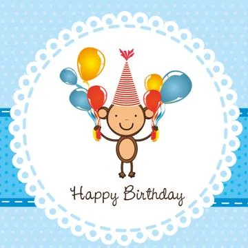 Monkey birthday card with balloons, vector illustration 스톡 일러스트